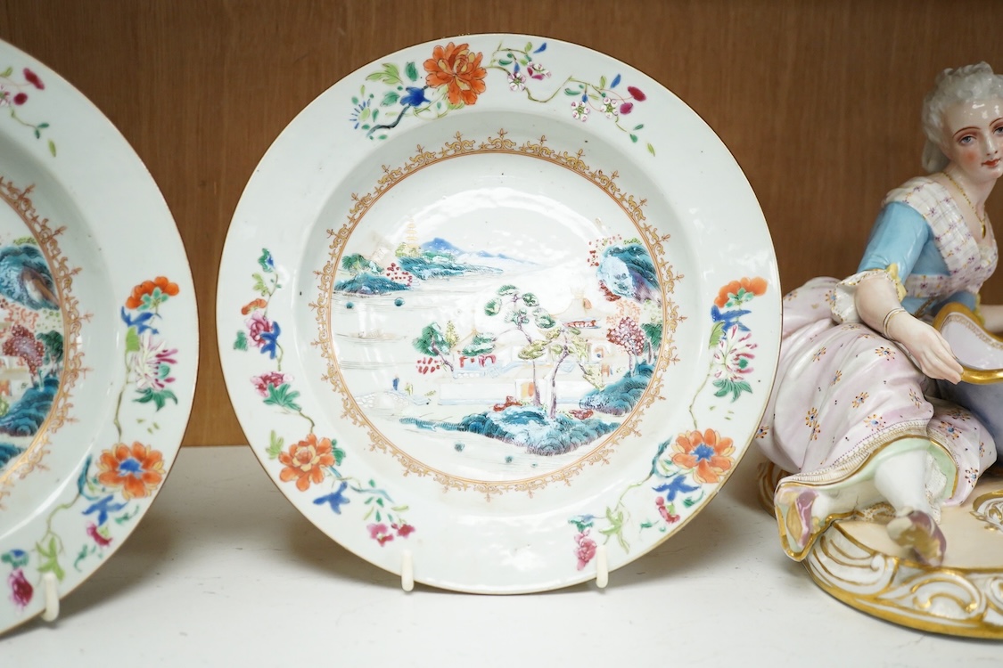 A pair of 18th century Chinese famille rose landscape dishes, 23cm